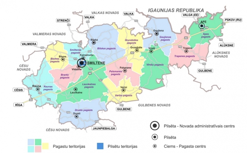 Smiltenes novada administratīvās vienības, pilsētas un ciemi
