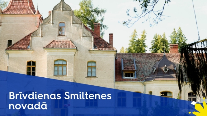 baneris – uzraksts brīvdienas smiltenes novadā fonā mēru muiža