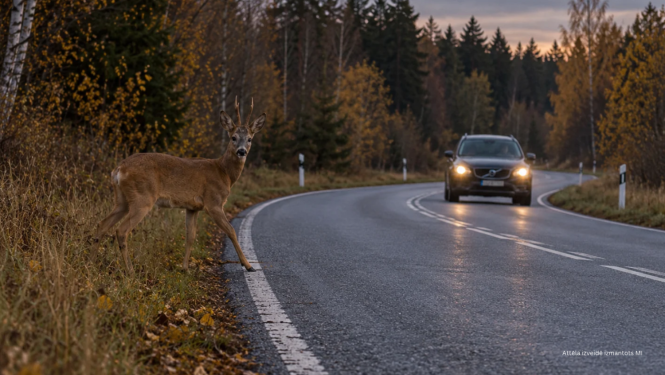 foto ar mašīnu kas brauc un priekšā stirna skrien 