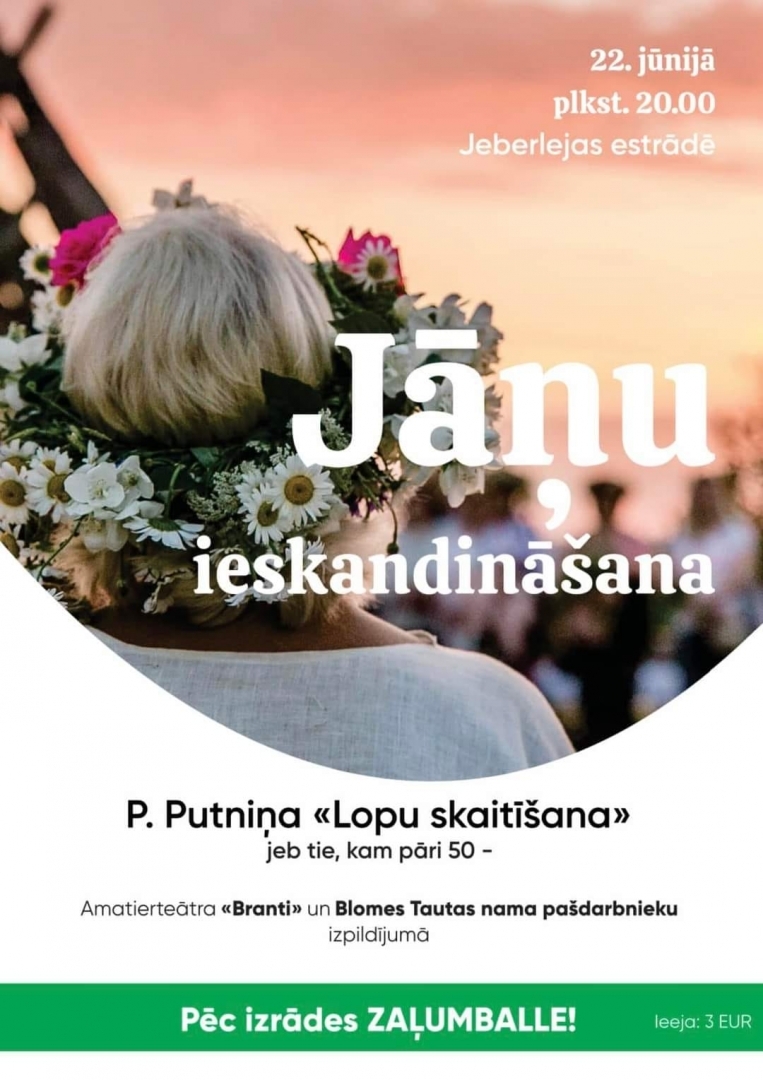 plakāts, sievietes pakausis ar blondiem matiem un jāņu vainagu no mugurpuses