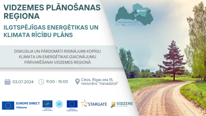 Vidzemes plānošanas reģiona informatīvais atēls, labajā pusē zemes ceļš ar egli