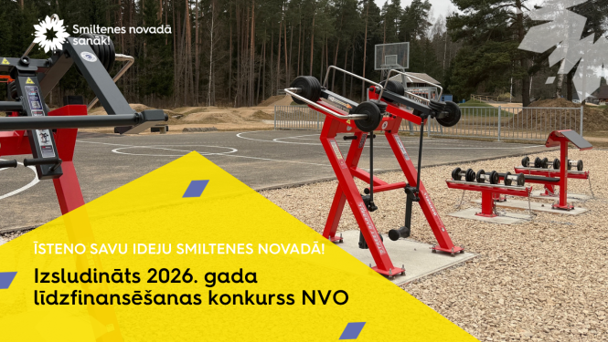 Vizuālais materiāls ar āra trenažieriem un paziņojums par  izsludino projektu līdzfinansēšanas konkursu NVO