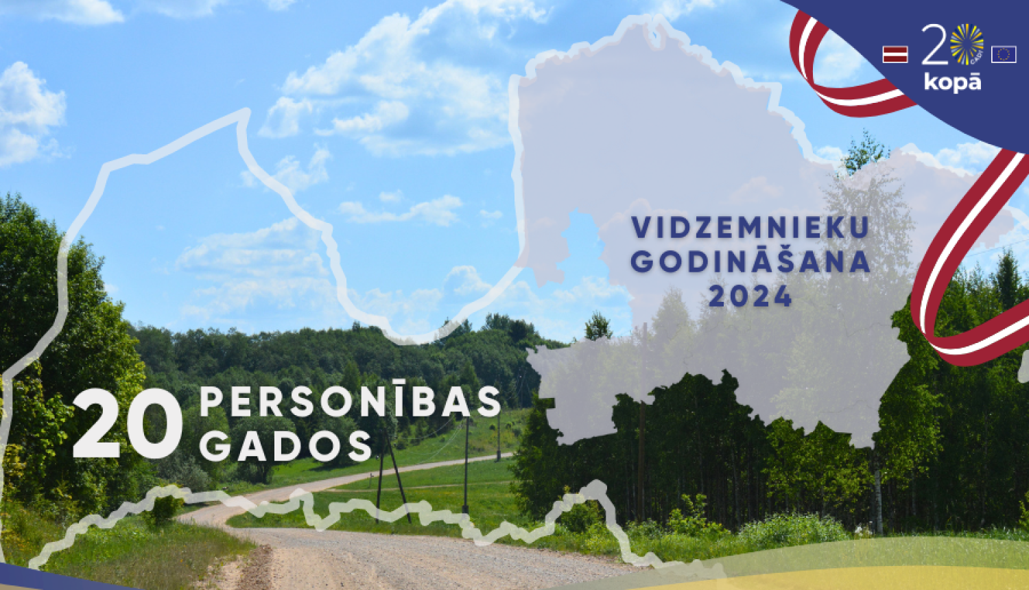 uz vasaras fona, kur zemes ceļš aiziet tālumā, Latvijas kontūra ieklāta pelēkā tonī