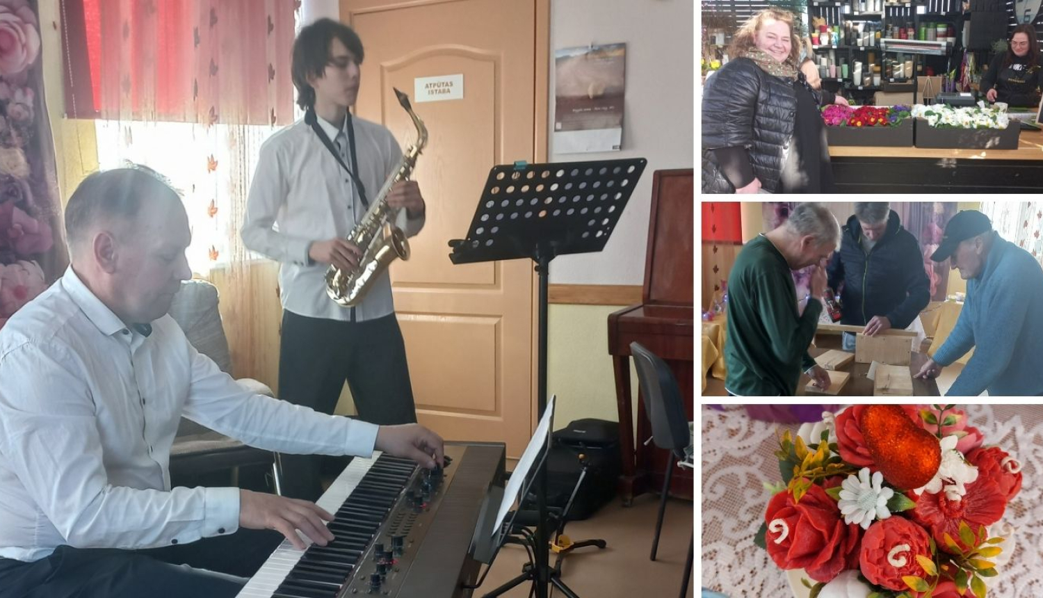 Foto kolāža ar notikumiem – koncerts, ziedu sarūpēšana, būrīšu gatavošana, sveču izstāde