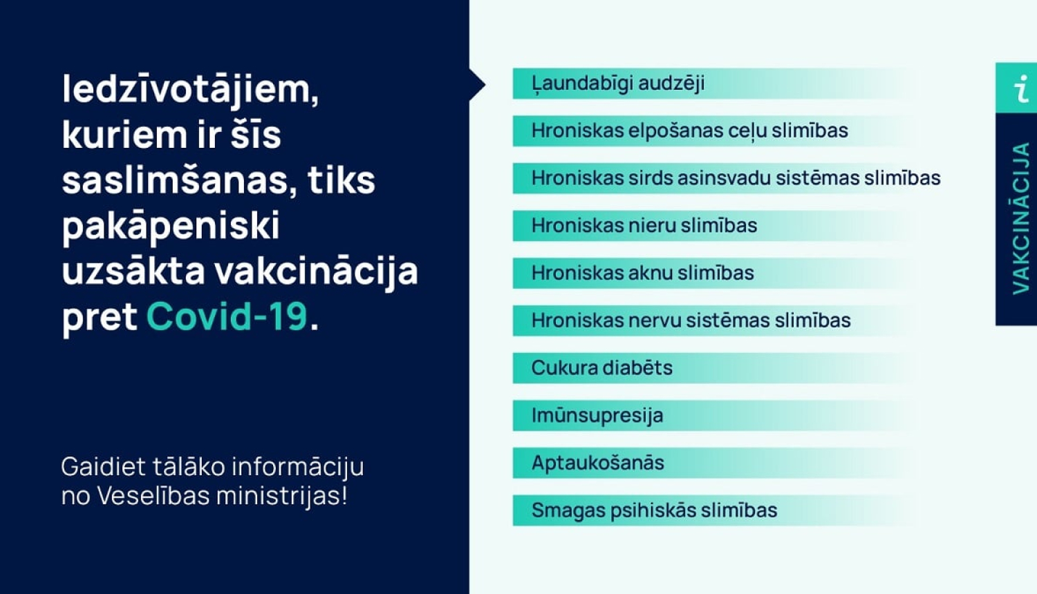 Vakcinācijai tiek atvērta jauna prioritārā grupa – iedzīvotāji ar hroniskajām saslimšanām