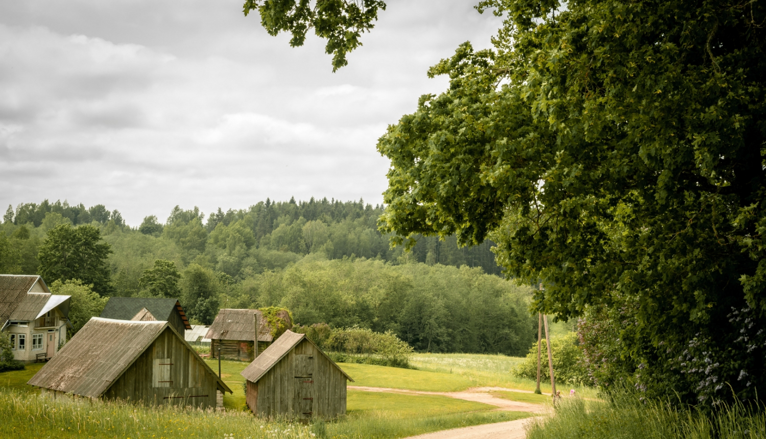 Lauku pļava ar senām mājām un zemes ceļu