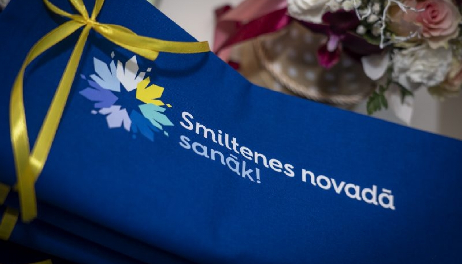 Smiltenes novadā sanāk logo uz zila fona