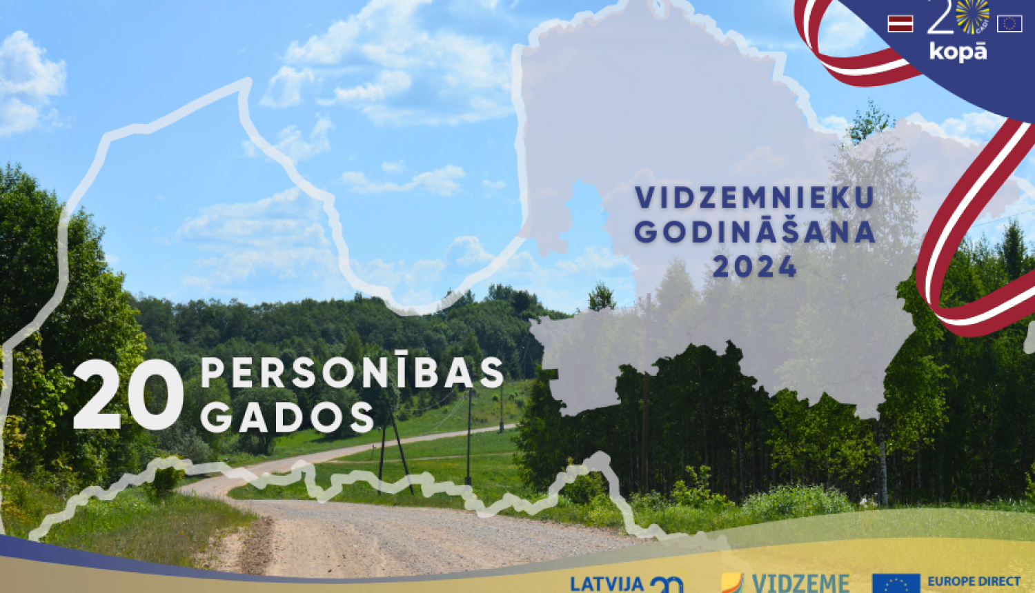 uz vasaras fona, kur zemes ceļš aiziet tālumā, Latvijas kontūra ieklāta pelēkā tonī